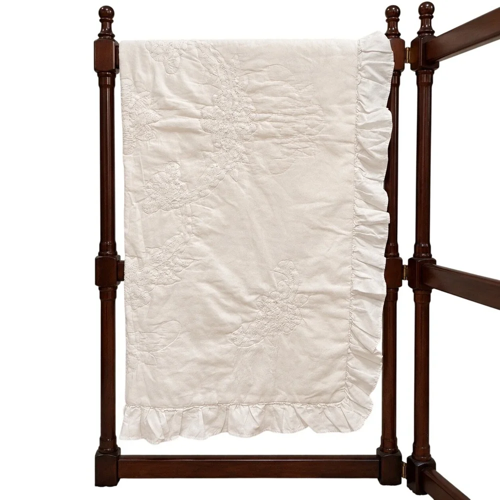 Handmade Whitework Embroidered Baby Coverlet Ruffled Heirloom Vintage Nursery